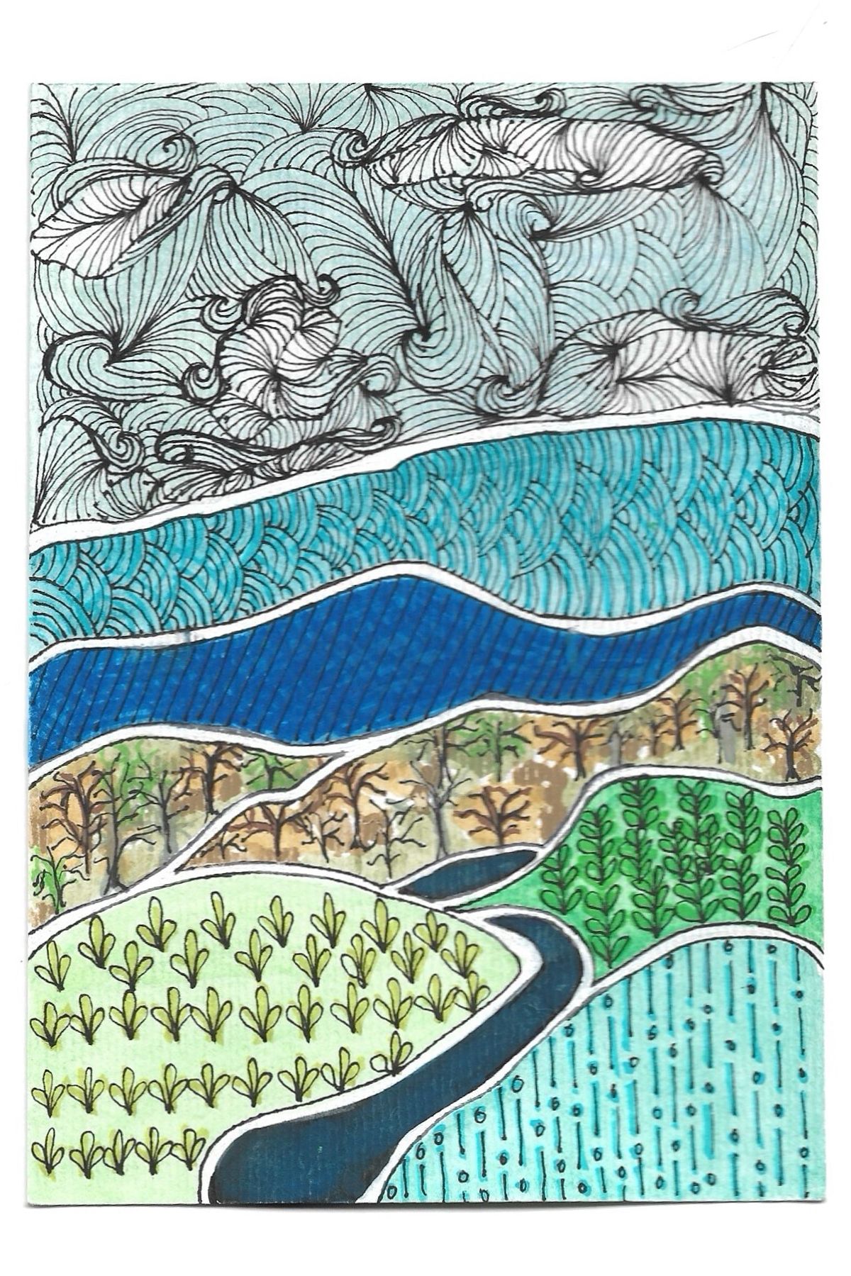 Landscape illustration showing waves, mountains, and trees in varying shades of blue and green with detailed line patterns.