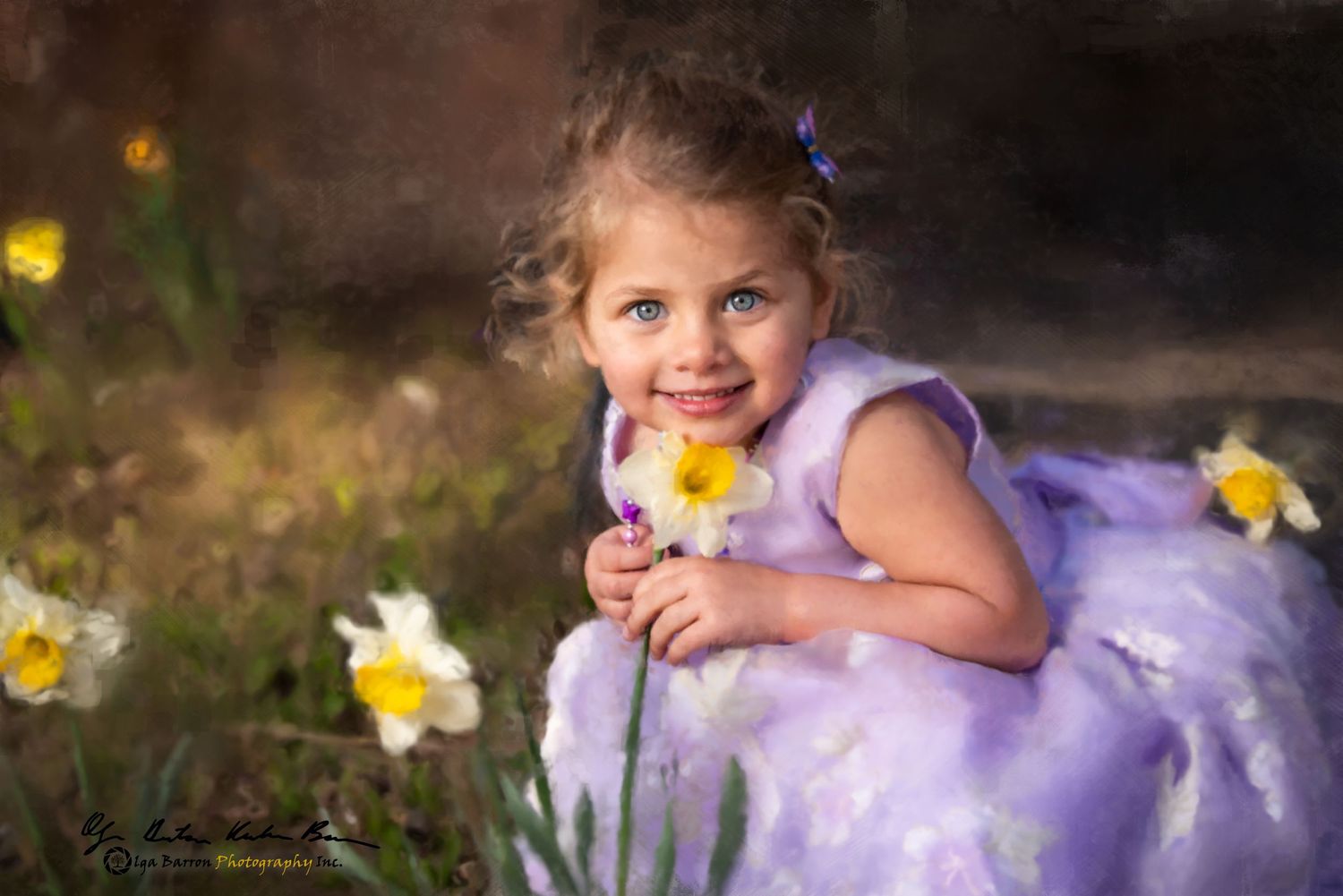 Painterly portrait of a young girl with flowers