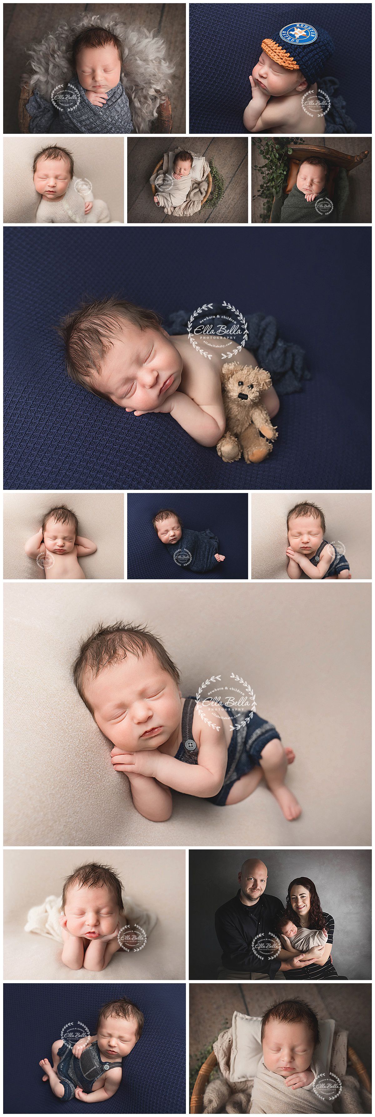 Professional newborn photography session featuring sleepy poses with blankets, hats, and a teddy bear.