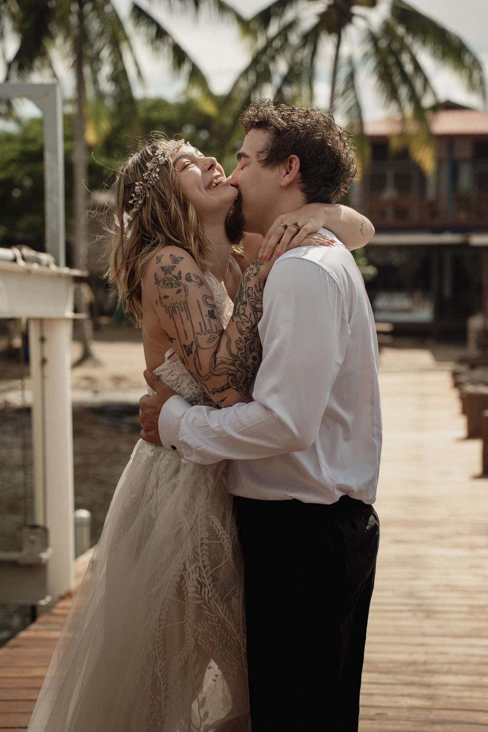 Bride and groom kissing while eloping abroad