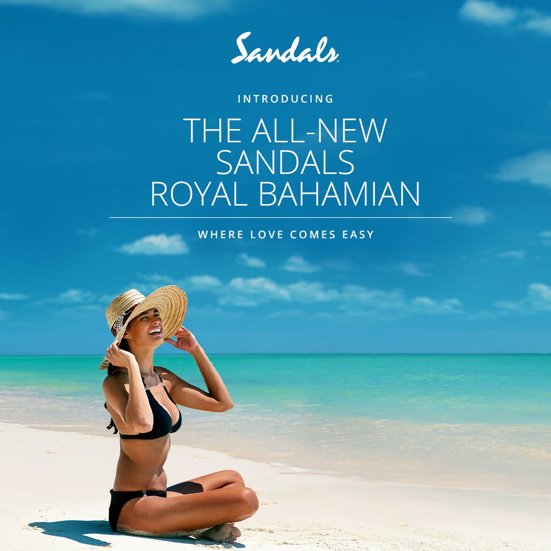 Advertisement for Sandals Royal Bahamian resort showing a beachgoer relaxing on pristine white sand beside turquoise waters.