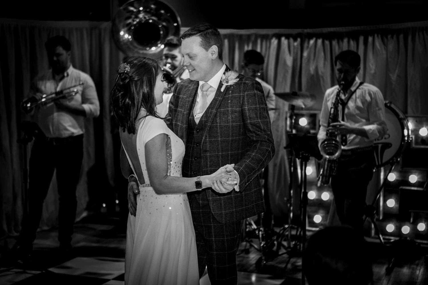 magical moments between the bride and groom on their first dance at the upper denby village hall yorkshire
