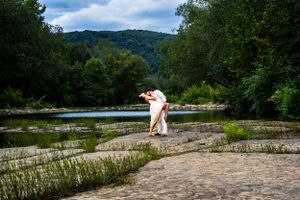 A beautiful married couple in a scenic outdoor location