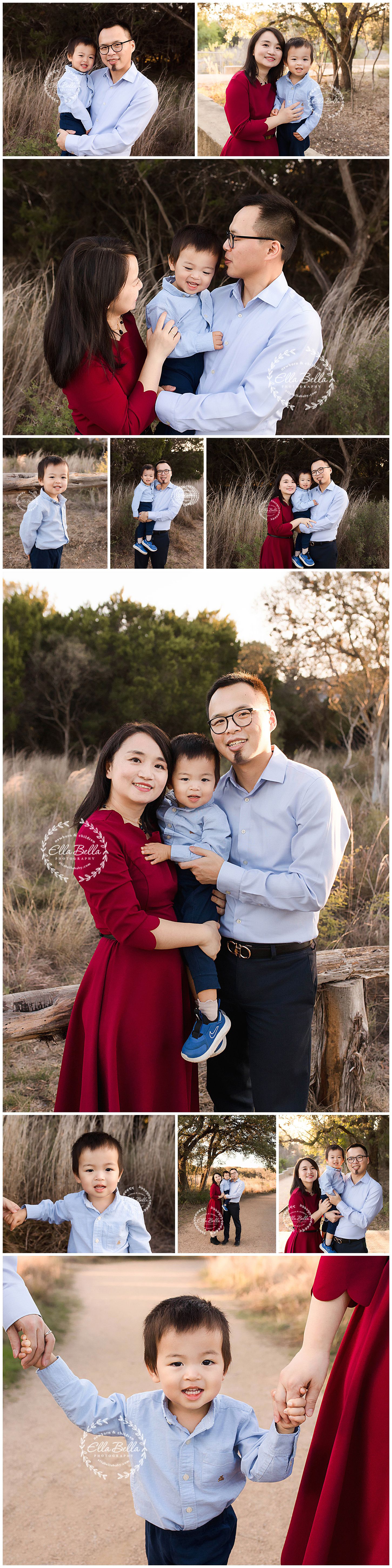 Professional outdoor family photo session featuring coordinated outfits of red and light blue in a natural setting.