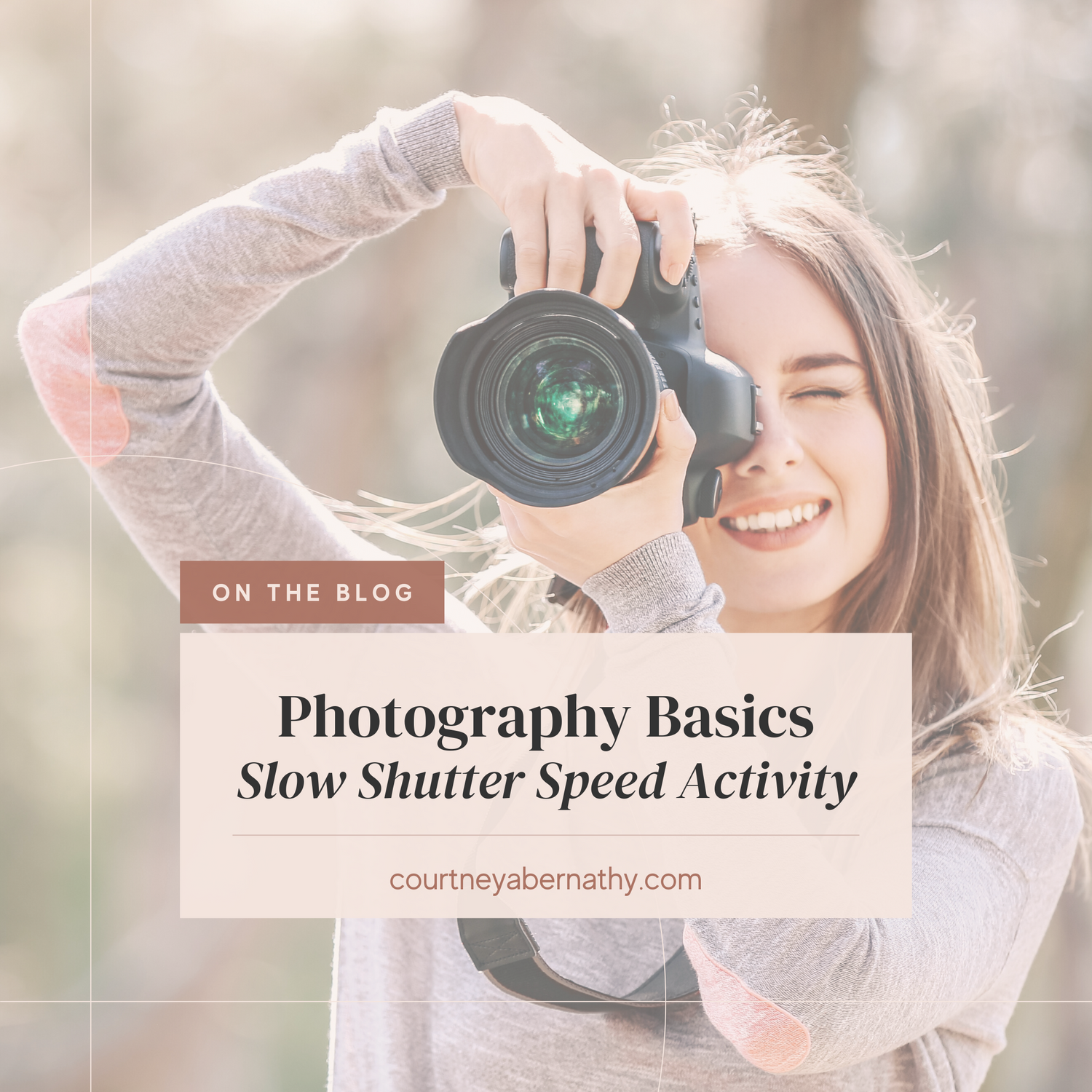 Photography tutorial banner showing camera techniques and shutter speed concepts.