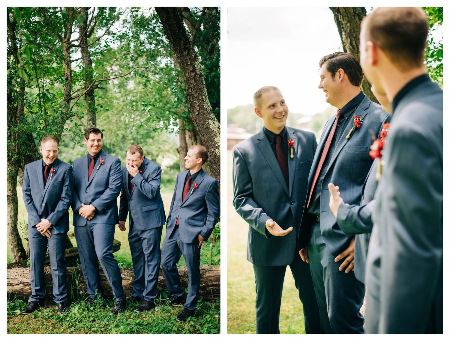 collage of two photos of groomsmen talking and laughing