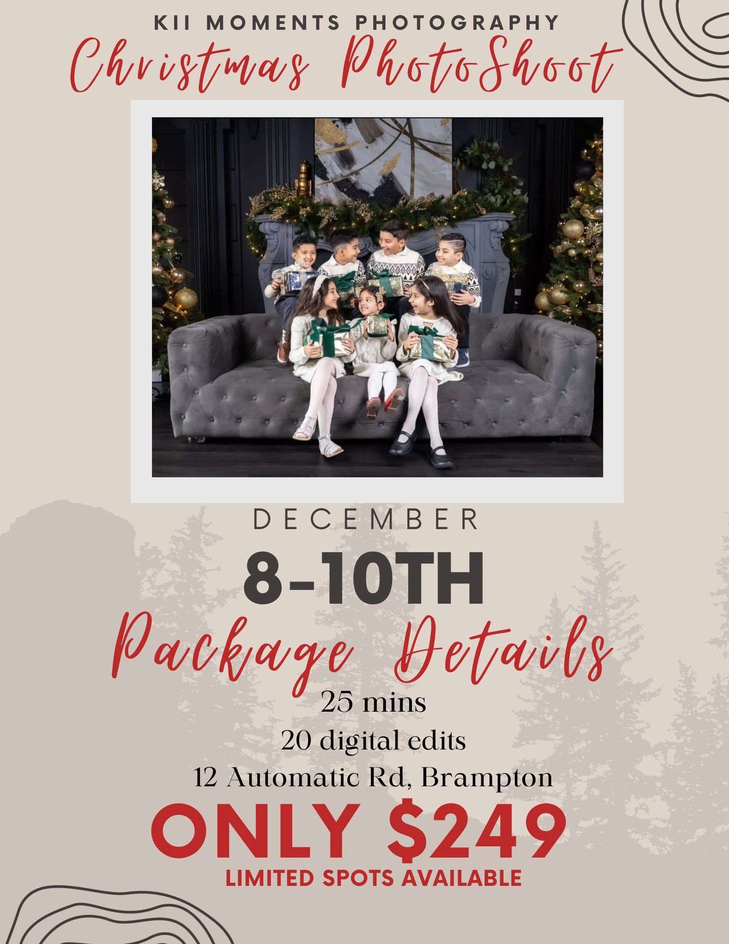 Photography studio Christmas mini session advertisement with pricing and dates.