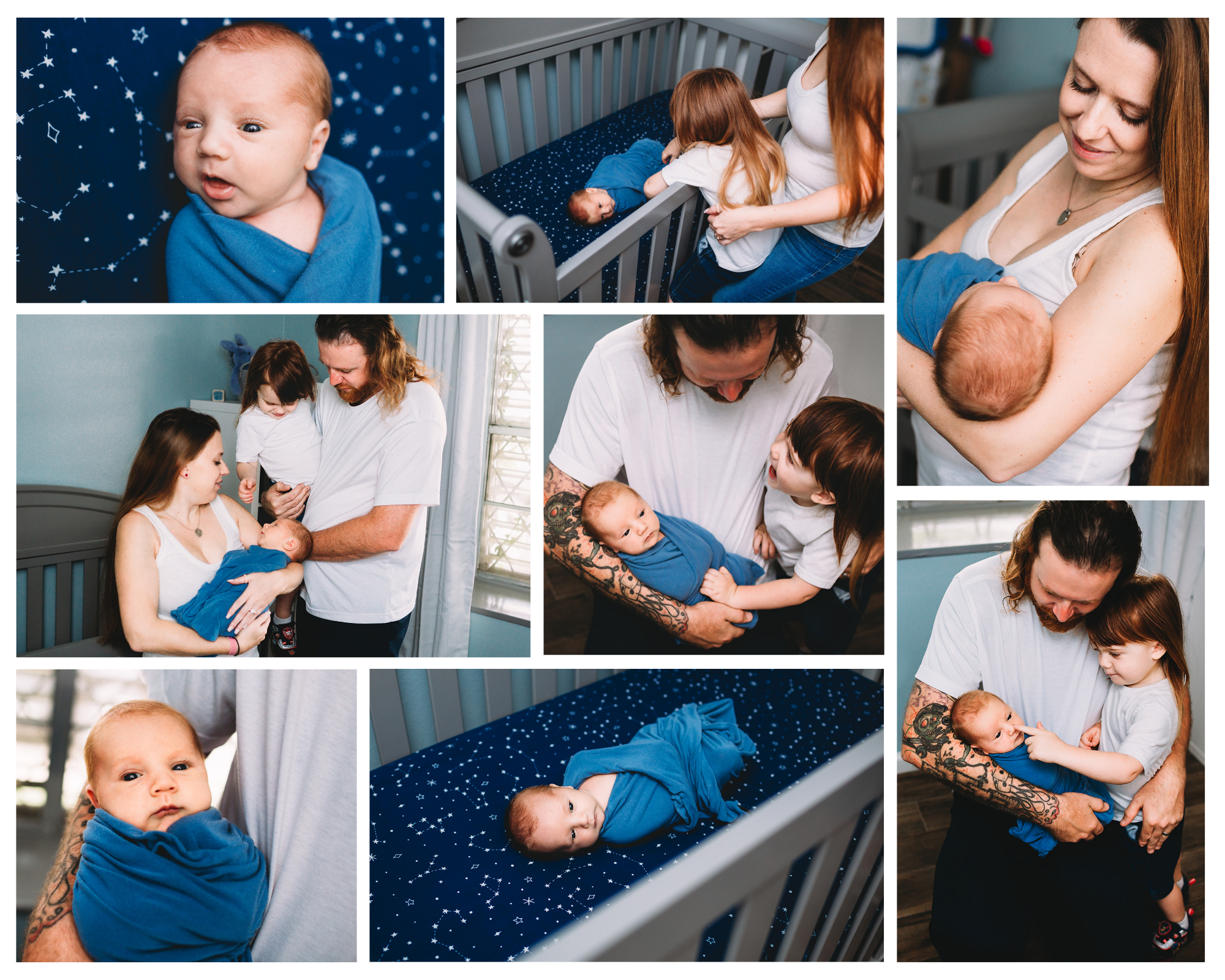 Collage of tender newborn lifestyle moments against a navy star pattern featuring crib, feeding, and family interactions.