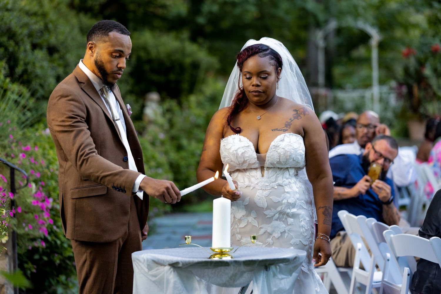 Wedding ceremony moments captured in an outdoor garden setting with white chairs and floral decorations.