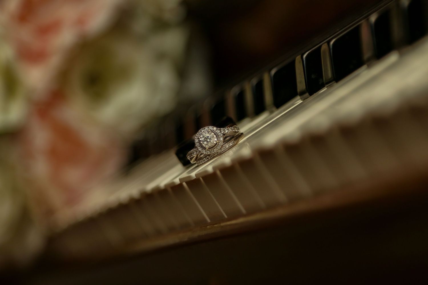 Close-up detail shot of wedding decorations with soft bokeh effect.