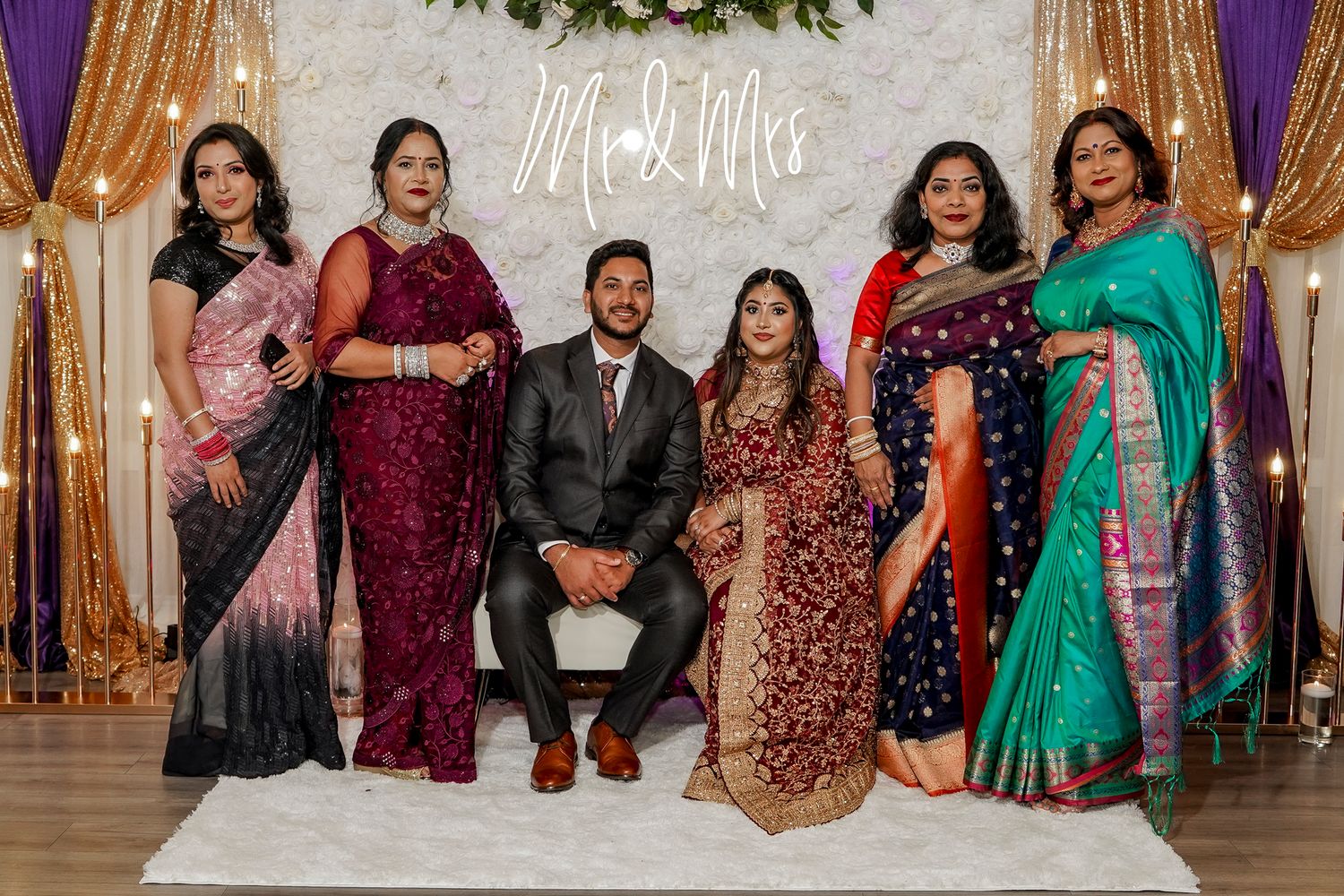 A collection of photos showing wedding guests in traditional Indian attire at a festive celebration.