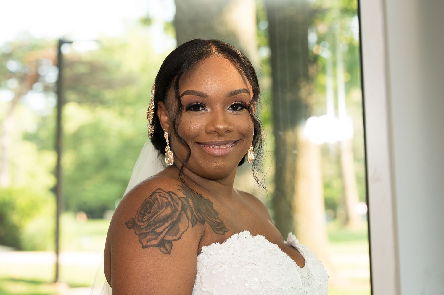 Close-up portrait shots showing elegant wedding day makeup and jewelry details.