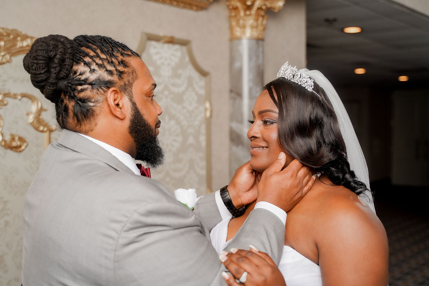 A joyful wedding celebration with the couple sharing an intimate moment during their first dance.