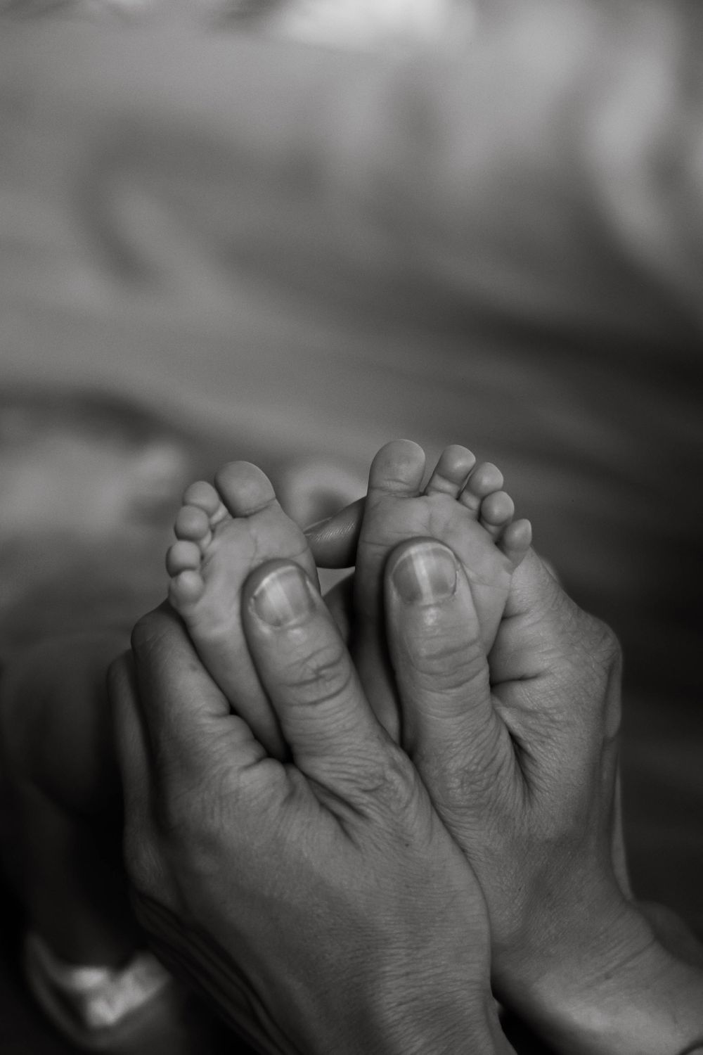 Close-up black and white photo of adult hands tenderly holding tiny baby feet.