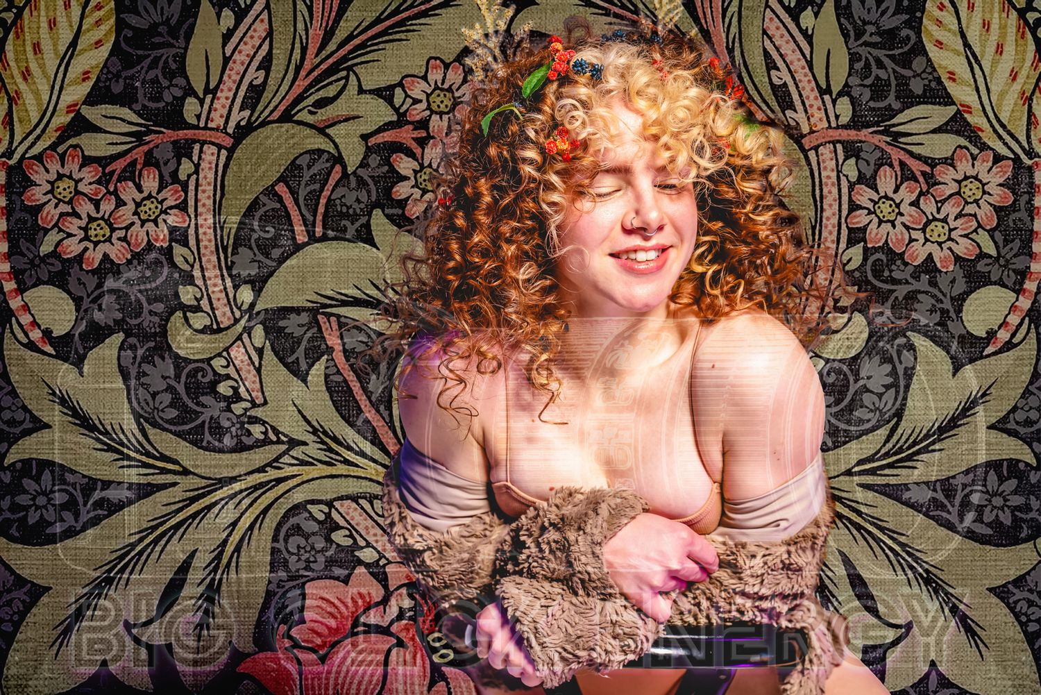 Beautiful, etherreal female model with flowers in her hair against a retro, floral background. Sexy, smiling