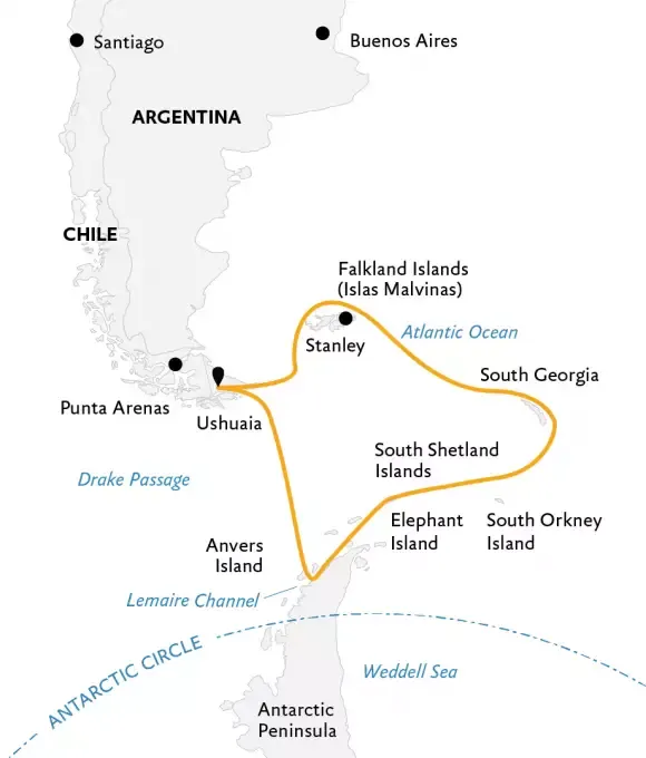 Map showing cruise route from Argentina through Drake Passage to Antarctic Peninsula and South Georgia.