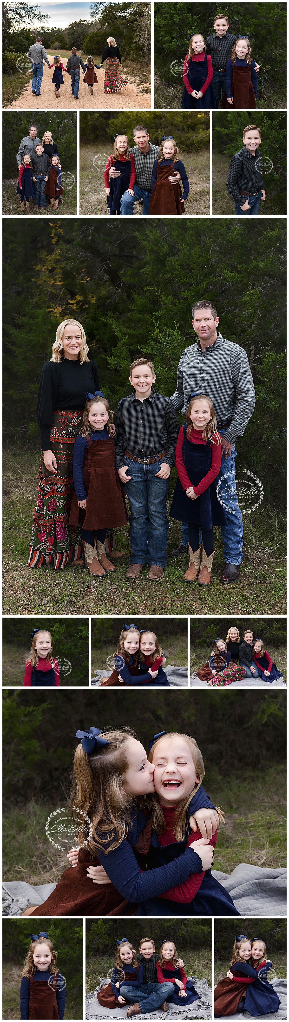 Family portrait session with coordinating burgundy and navy outfits against a natural outdoor setting.