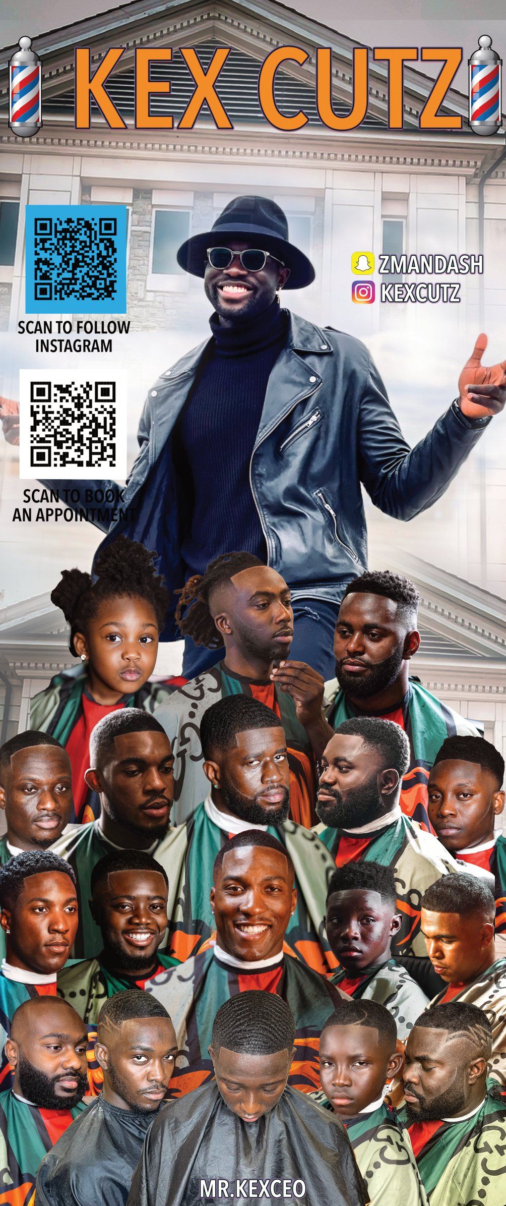 Large group photo of barbershop clients showcasing different haircut styles.