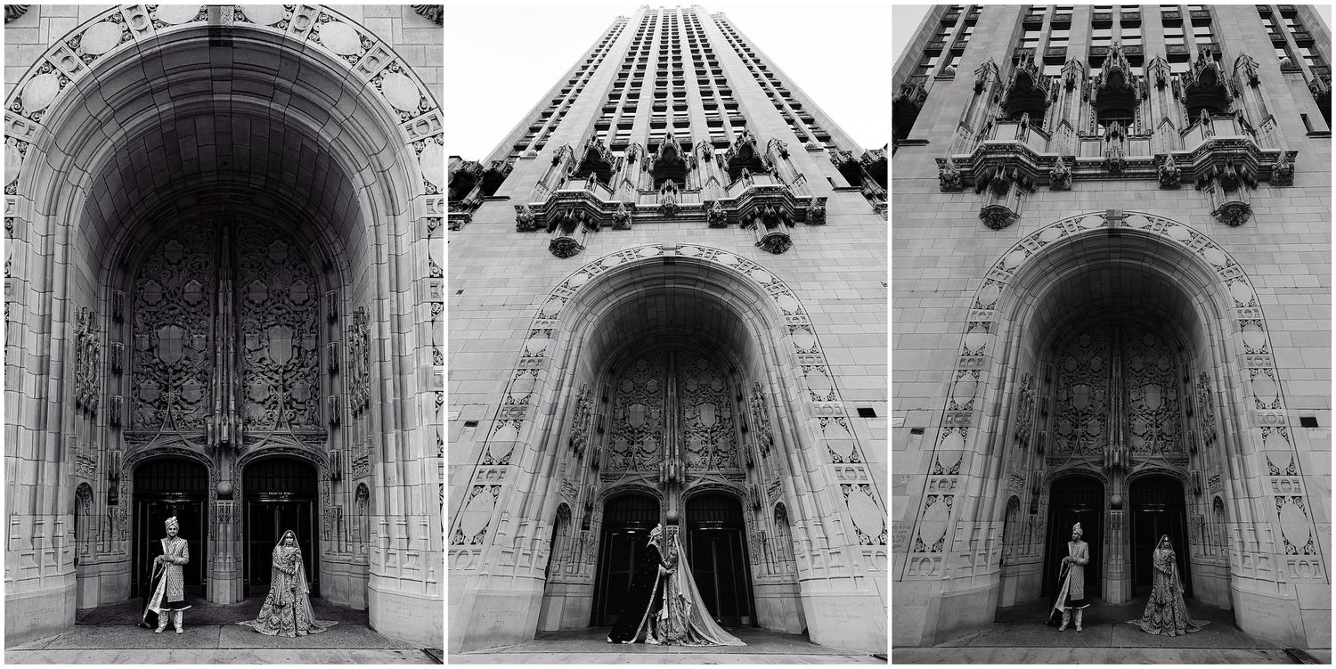 Artistic black and white triptych of cathedral doorway wedding portraits.
