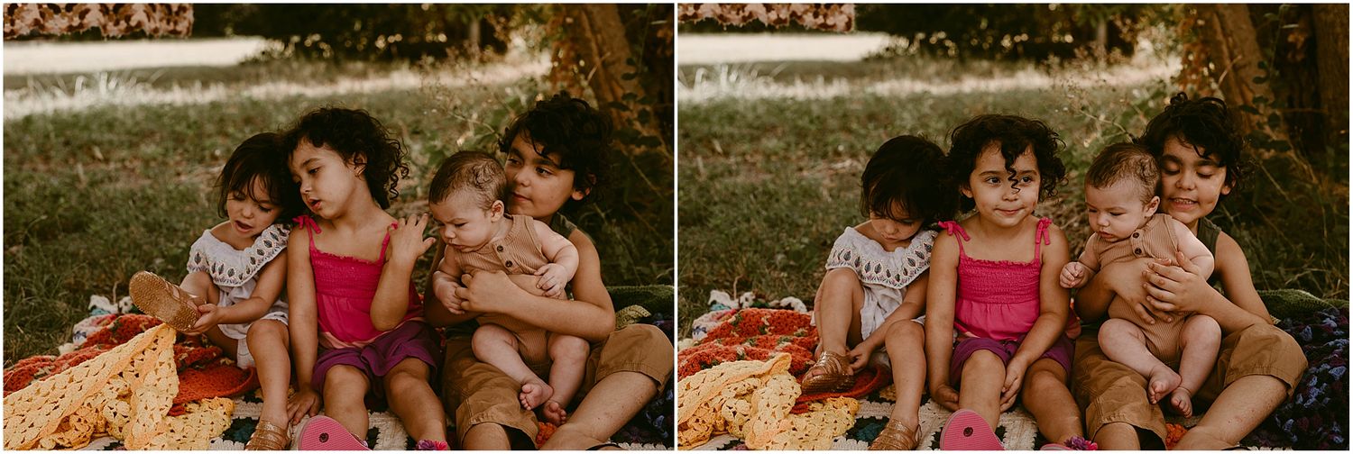 Side-by-side comparison of children sitting together on blanket outdoors.