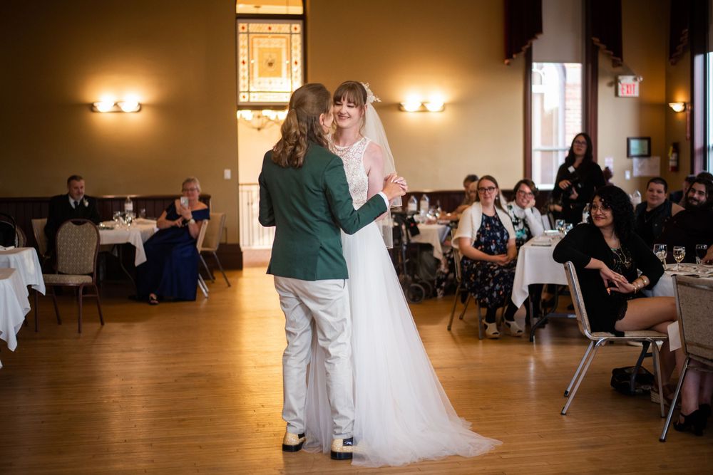 bride and groom first dance at acton town hall wedding reception