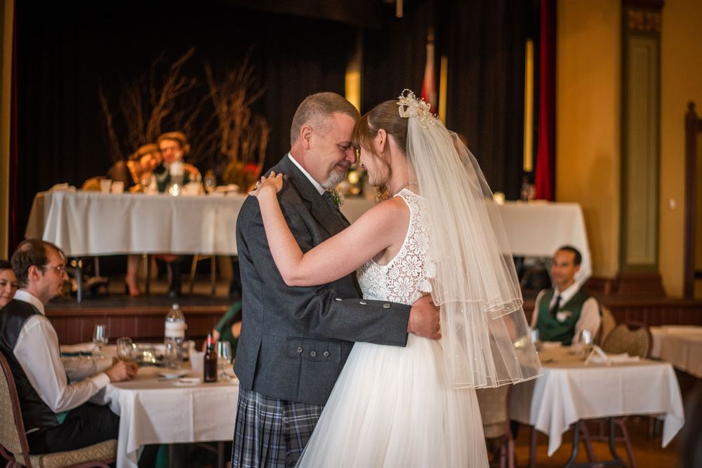 bride and father of the bride first dance at acton town hall wedding reception