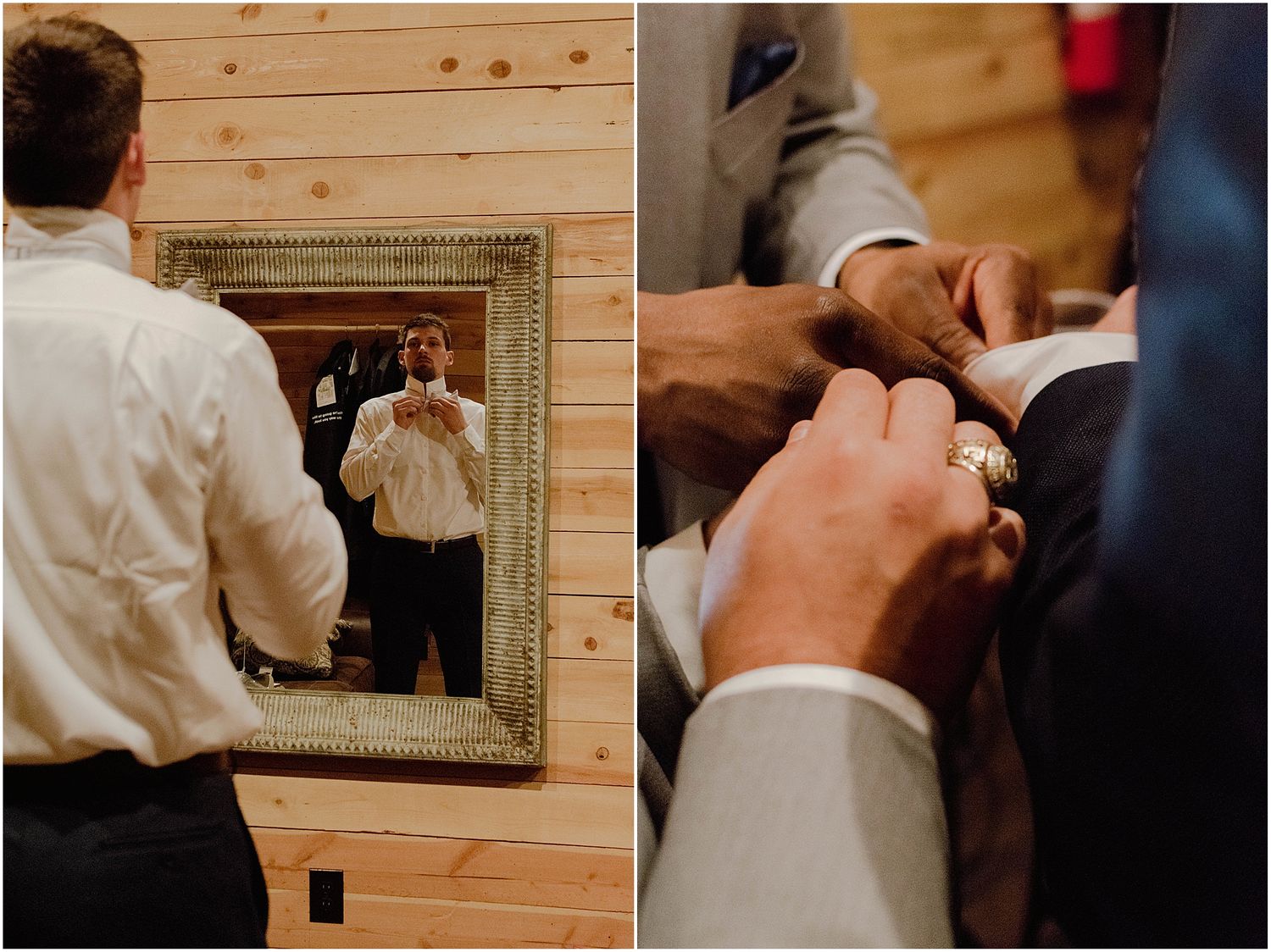 Groom checks his appearance in mirror while others assist with wedding preparations.