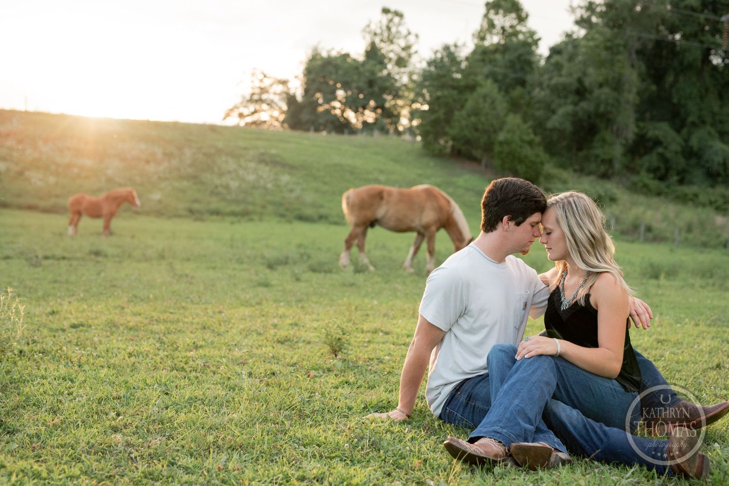 A couple sits in a sunlit field with horses grazing in the background at sunset.