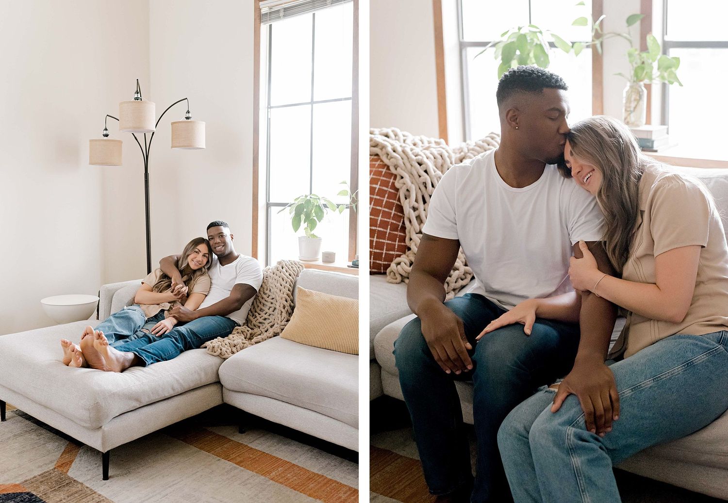 Split view of a couple lounging on a modern sectional sofa in a bright, minimalist living room.