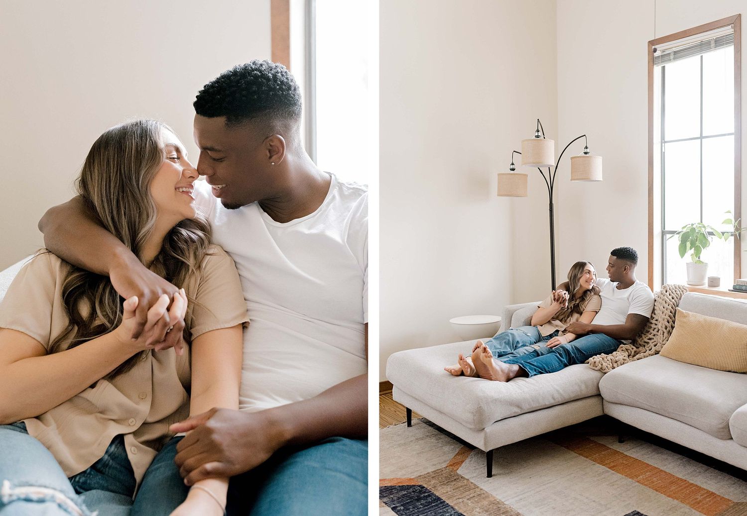 Side-by-side images showing intimate moments of a couple relaxing on their living room couch.