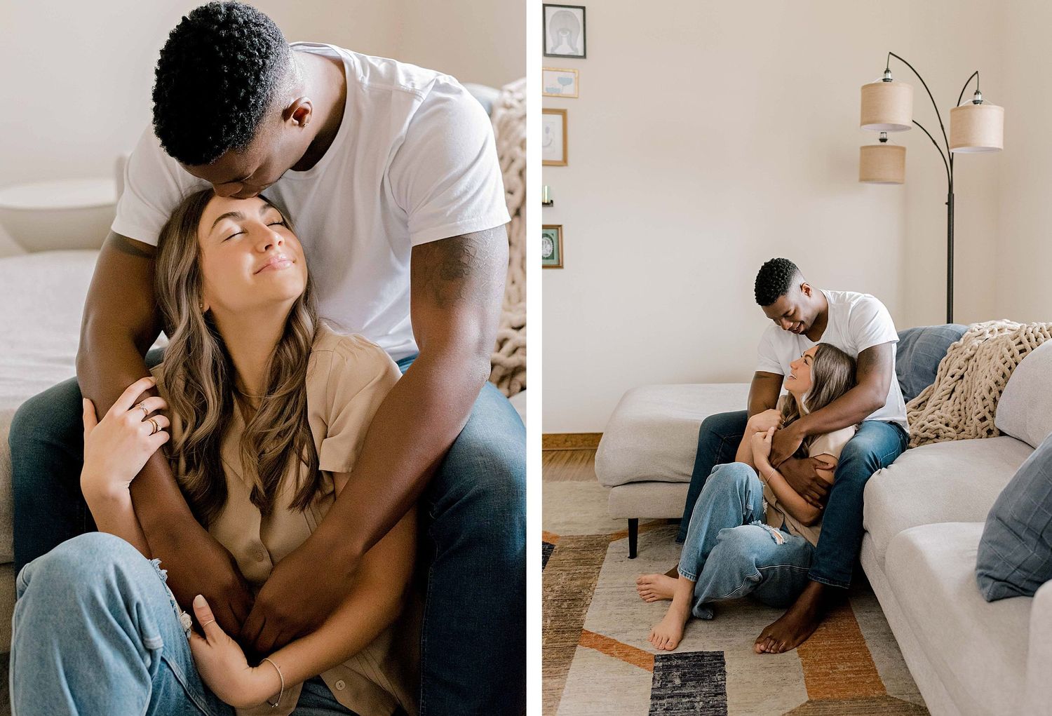 Intimate couple moment captured in minimalist living room setting.