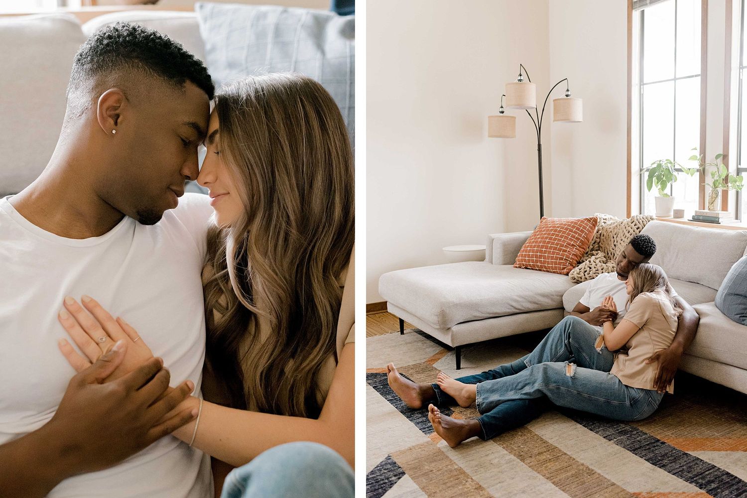 Romantic couple photos in modern apartment with white furniture and natural lighting.