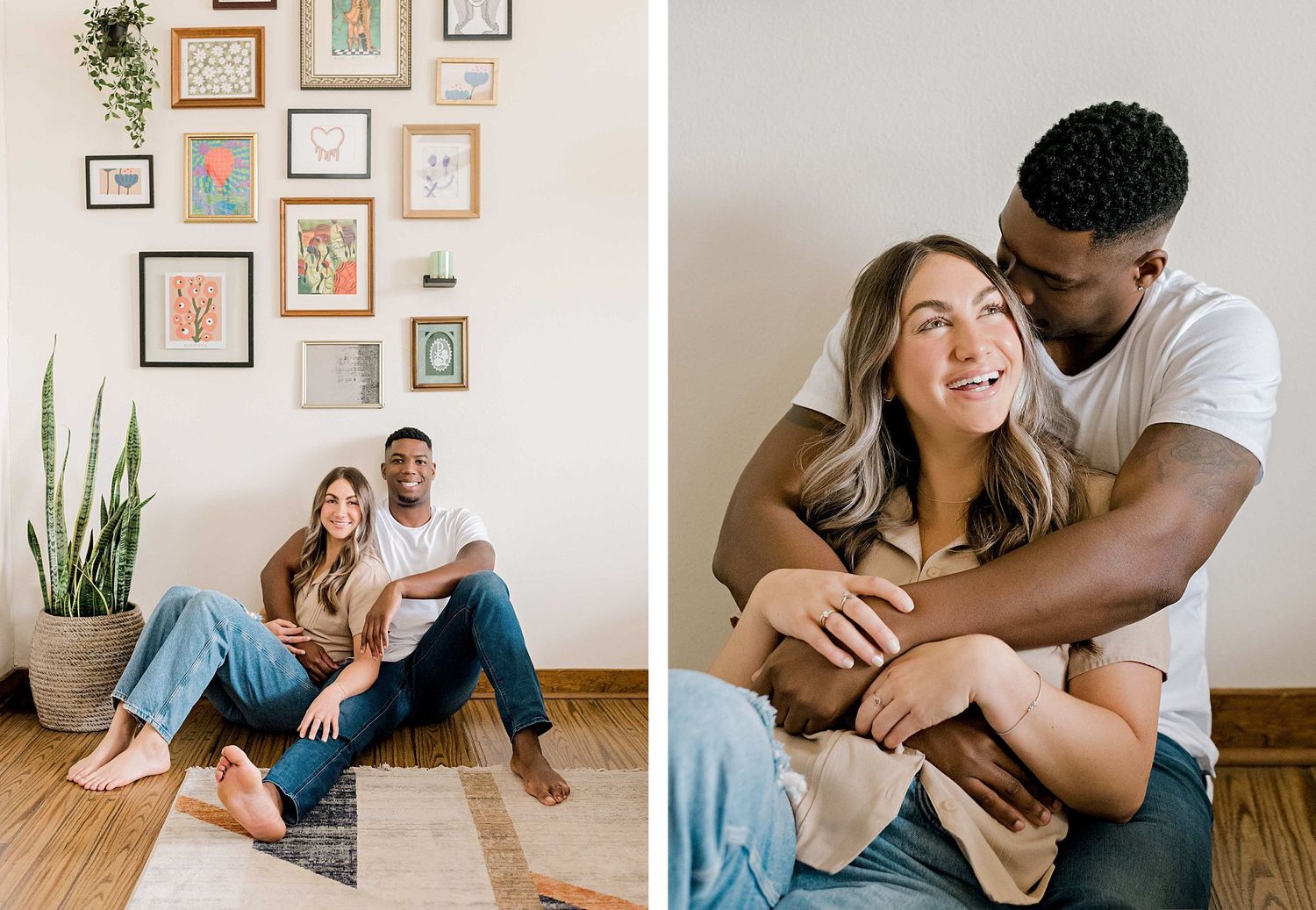 Candid lifestyle photos of couple laughing together in minimalist home setting.
