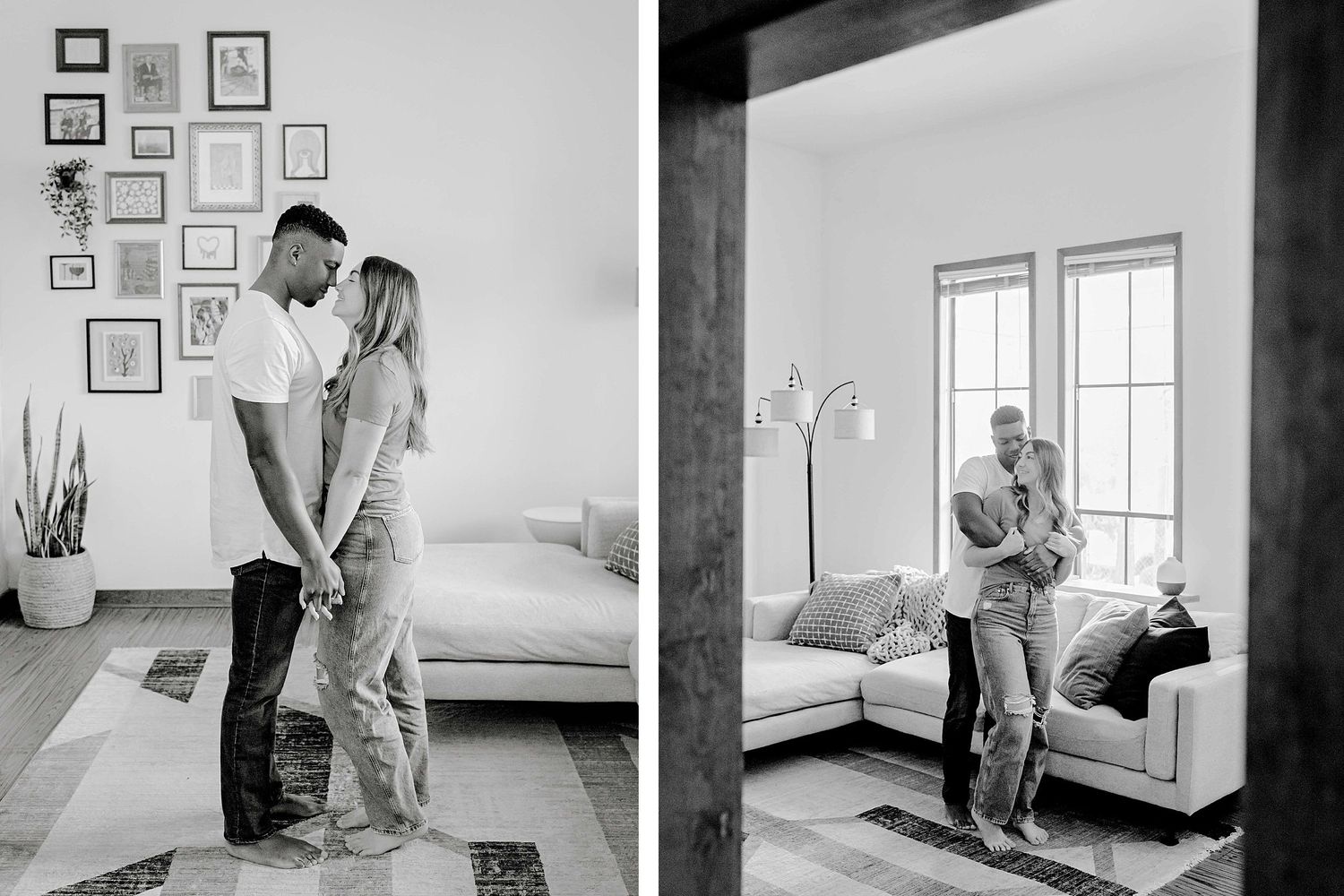Black and white diptych of couple in minimalist home interior.