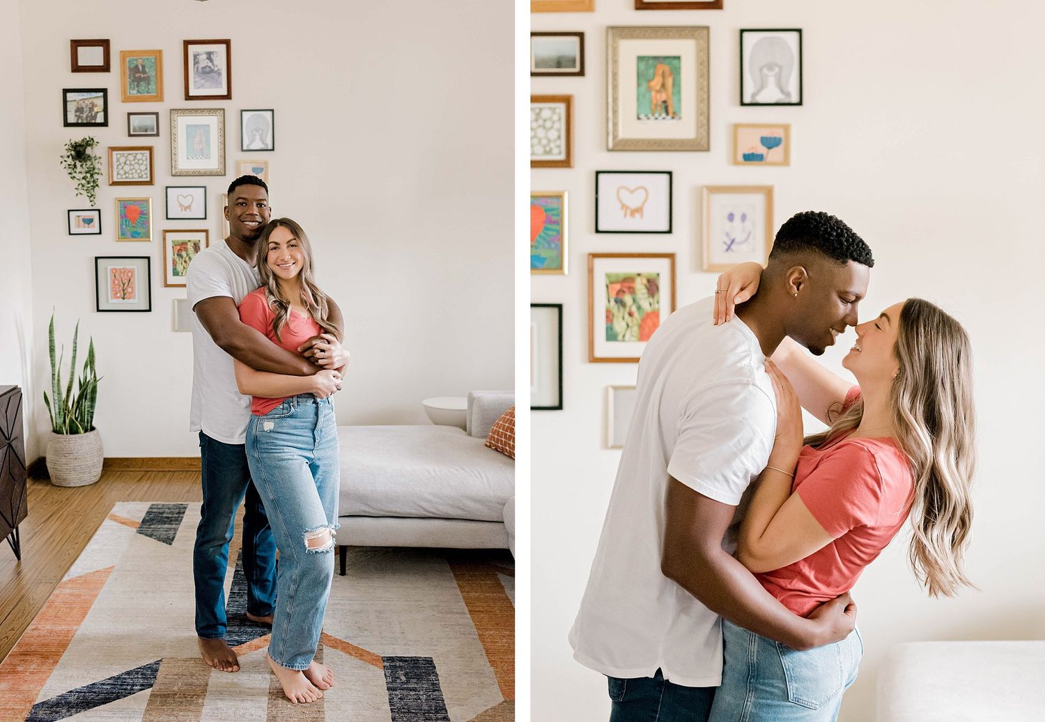 Collection of candid romantic moments captured in a modern living space with art gallery wall.