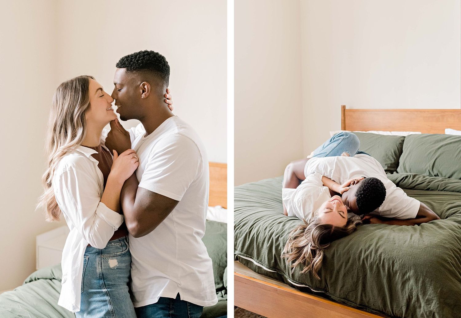 Intimate black and white photos showing tender moments in a bedroom setting.