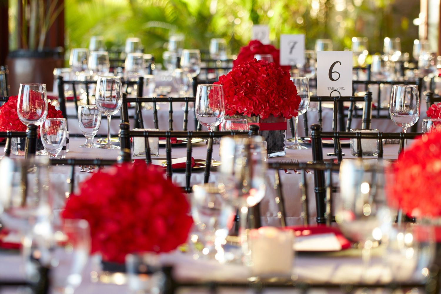 Elegant table setting with red carnation centerpieces and crystal glassware.