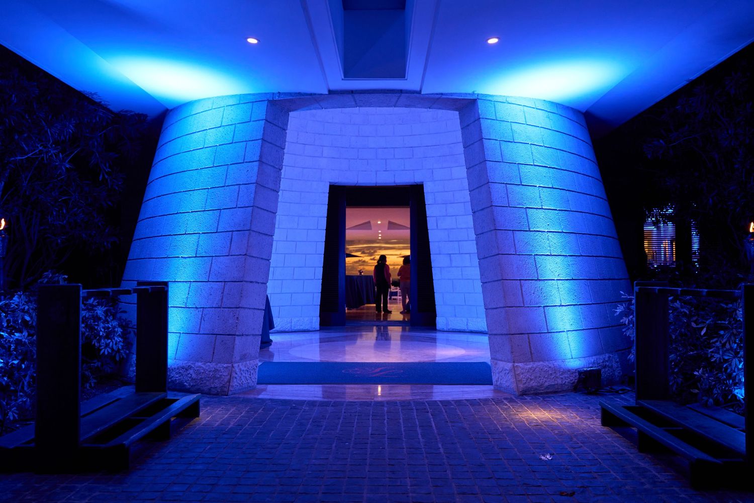 Modern entrance with dramatic blue lighting and stone archway at night.