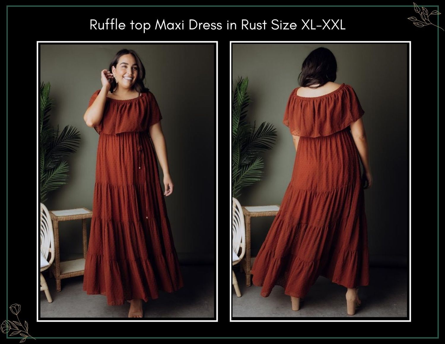 Rust colored ruffle top maxi dress with off-shoulder neckline and tiered skirt, size XL-XXL.