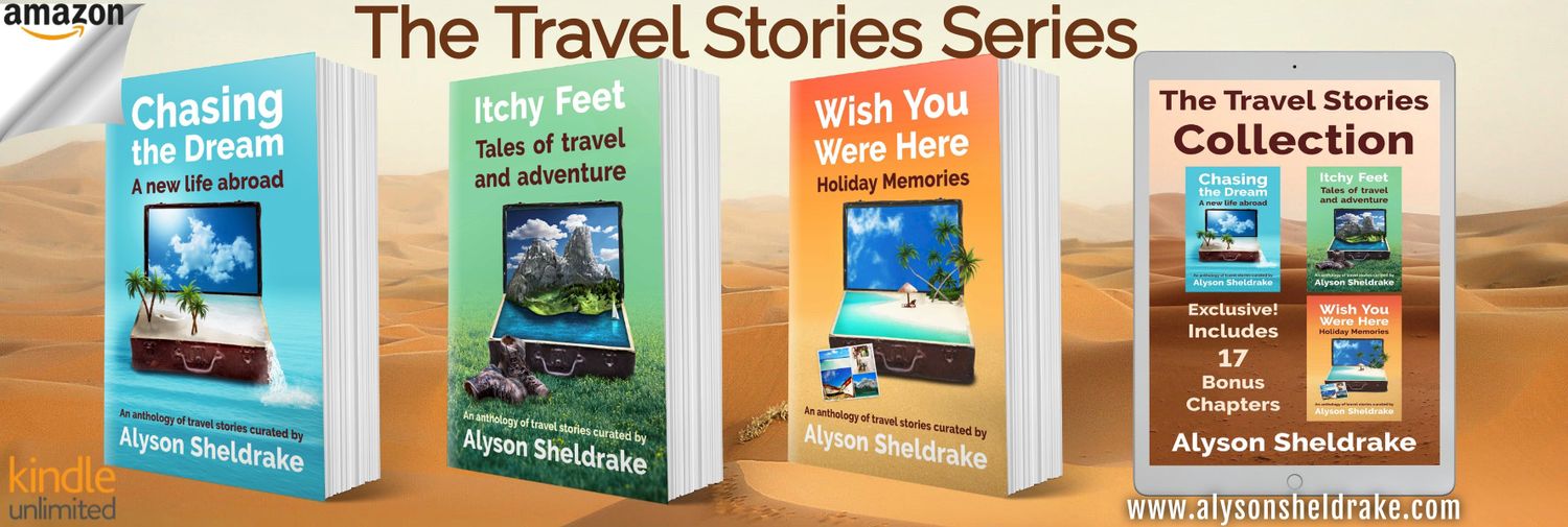 The Travel Stories Series by Alyson Sheldrake featuring three books and a collection box set, available on Amazon.