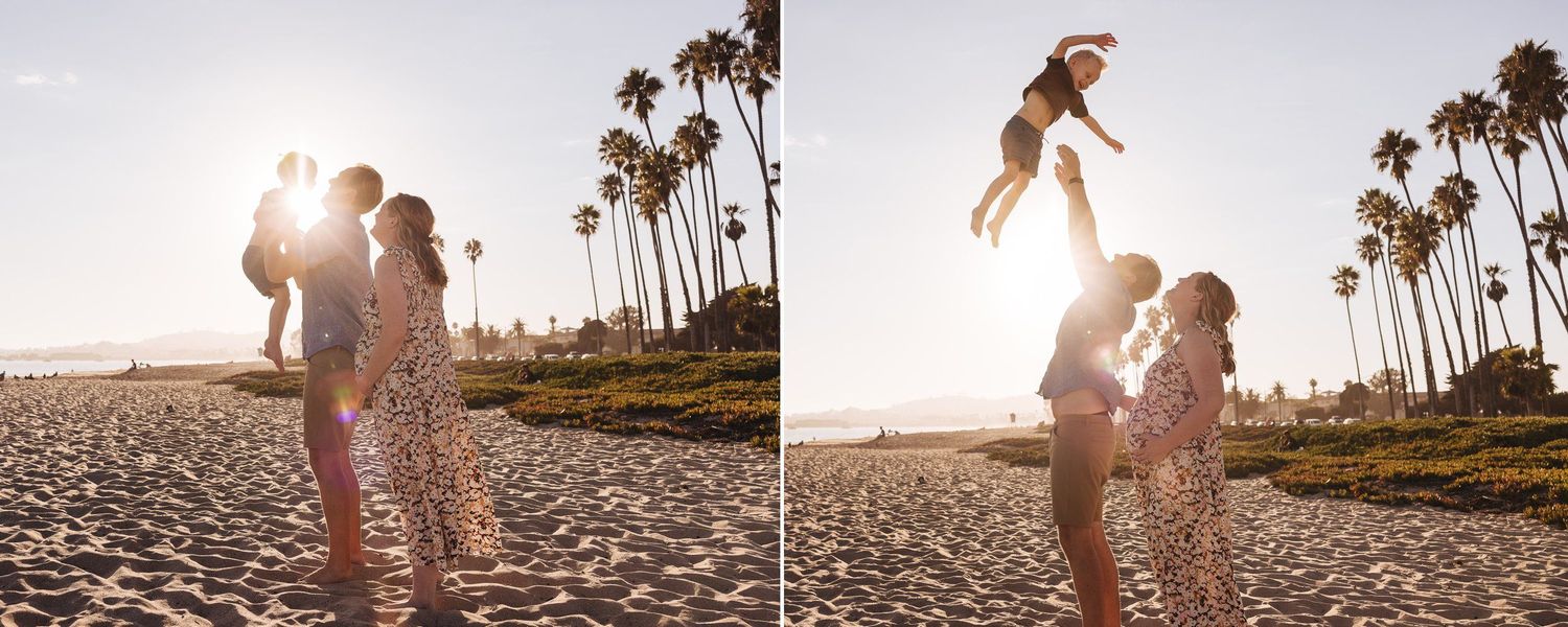 Joyful moments captured on the beach during golden hour with palm trees silhouetted against the sky.