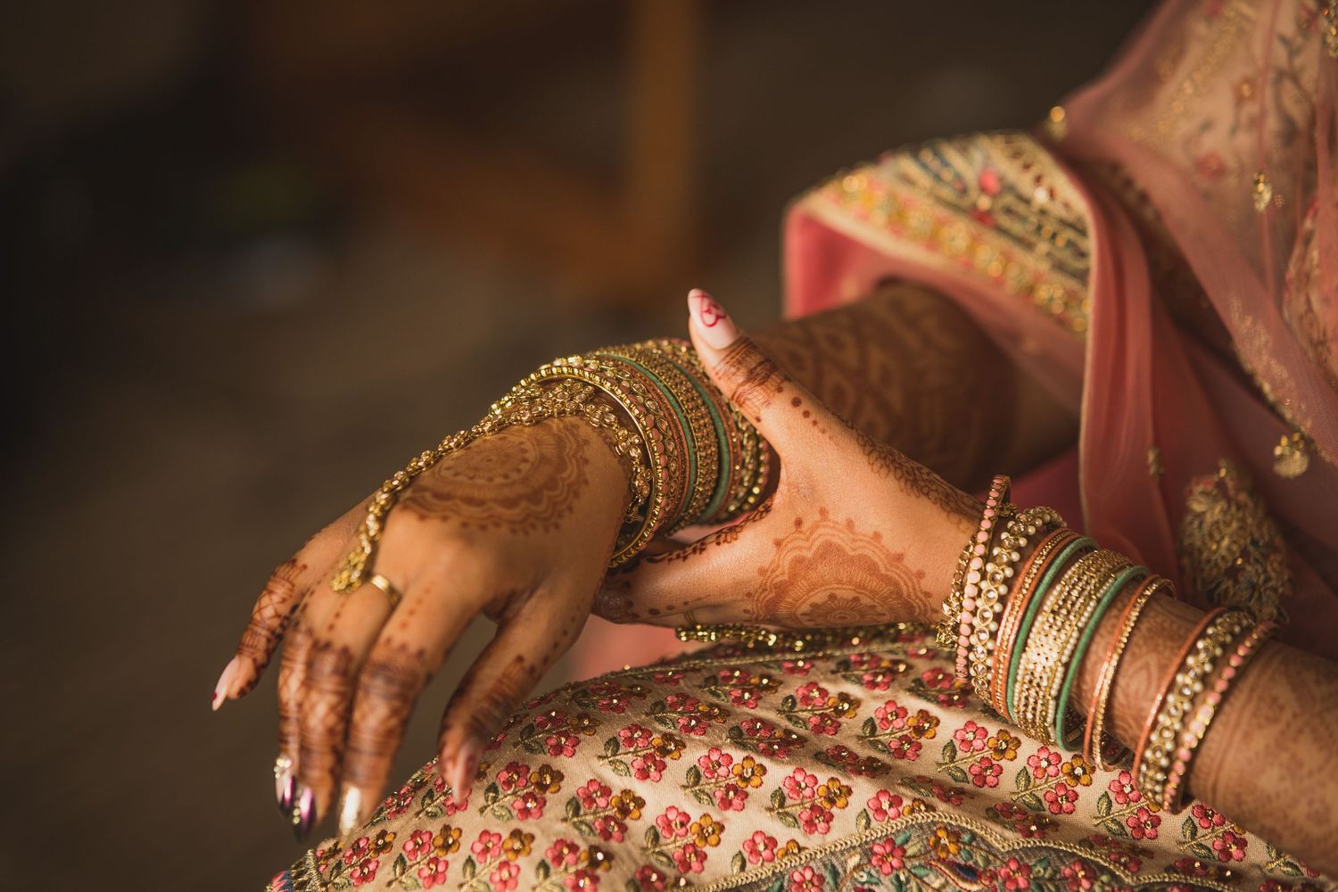 Delicately placed bangles on newly wed