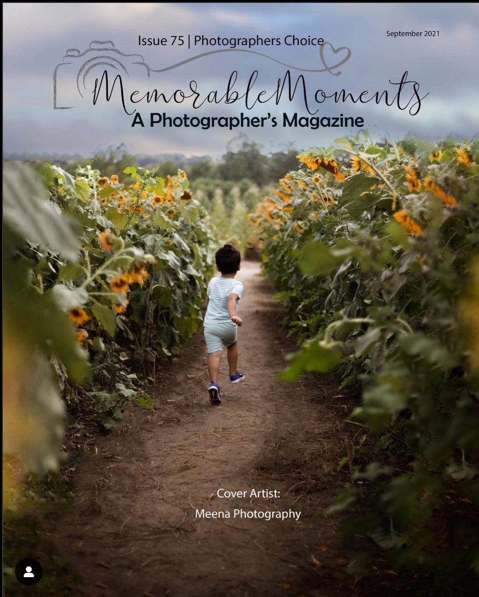 Magazine cover showing a child walking through tall sunflowers on a dirt path.