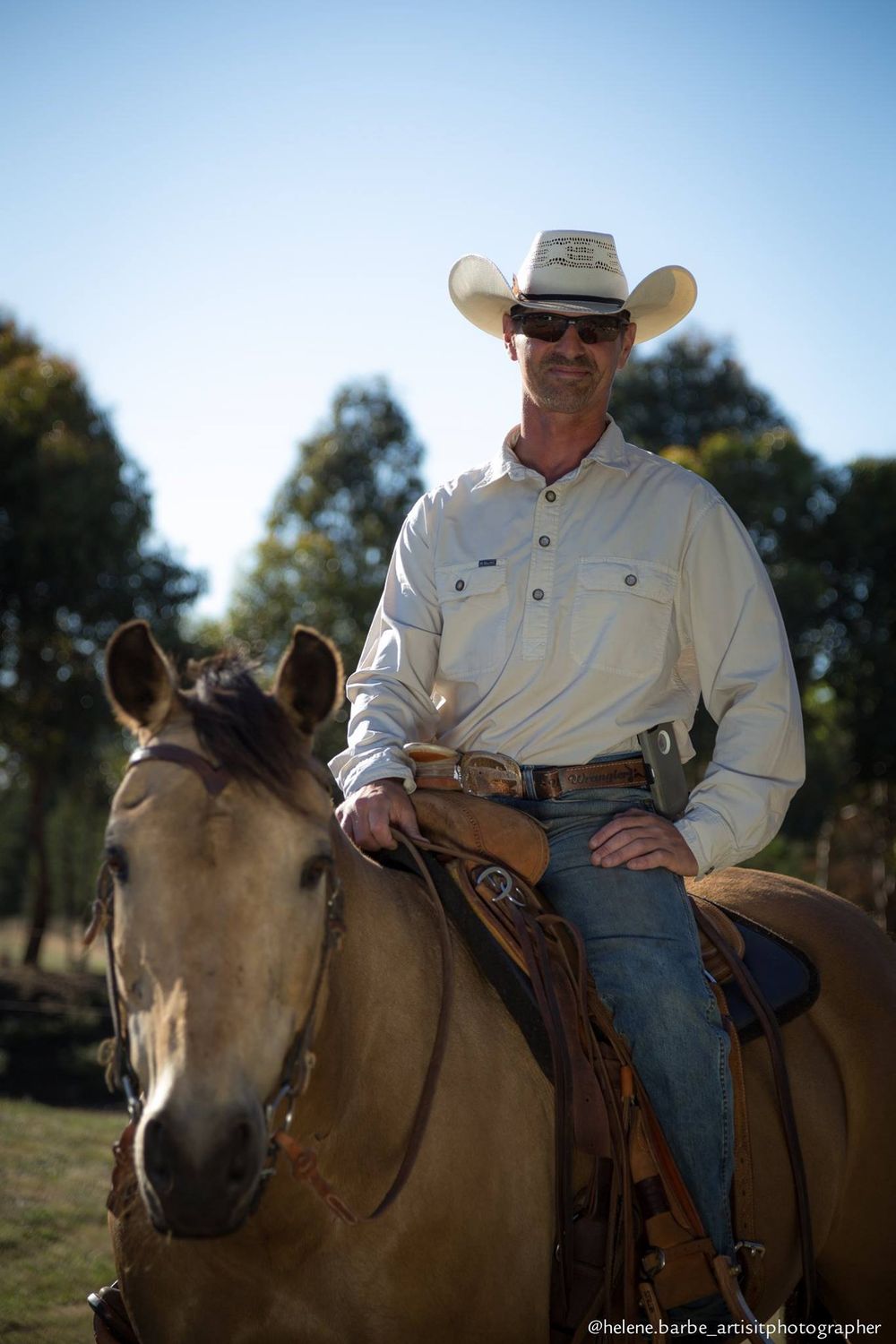 A dun-colored horse and rider pose against a backdrop of eucalyptus trees on a sunny day.