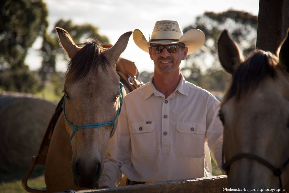 Two beautiful dun horses flank their handler in warm sunlight with trees in the background.