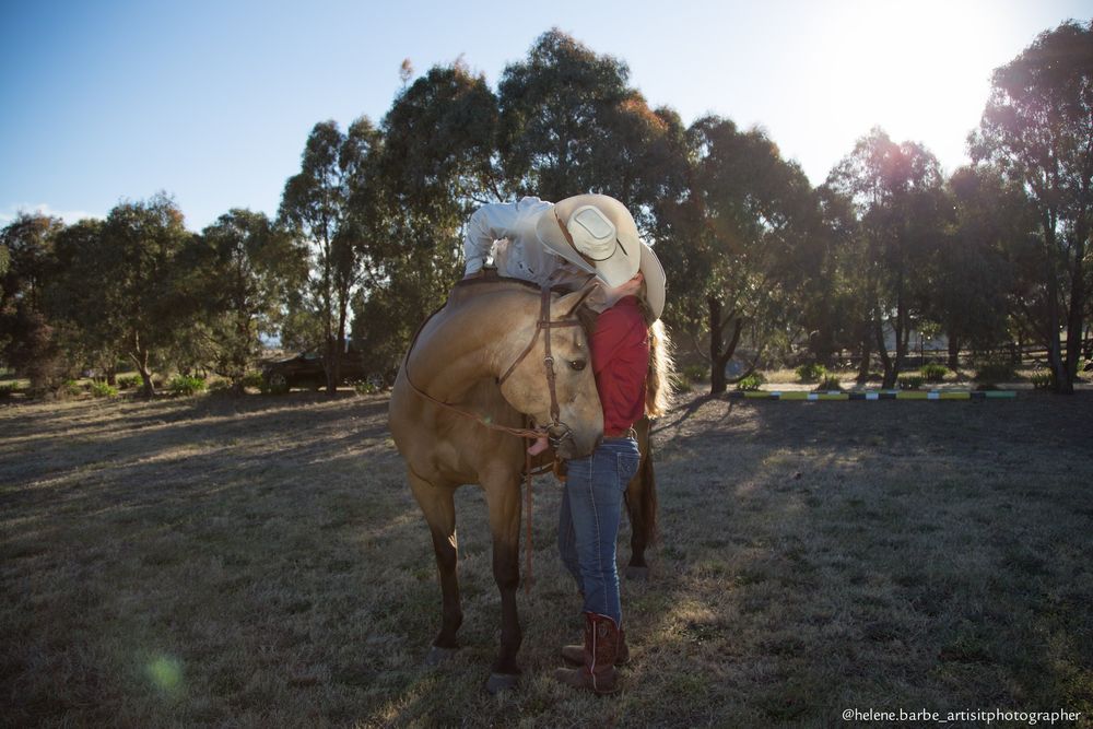Person in red shirt and jeans adjusts equipment on a tan horse in a rural setting at sunset.