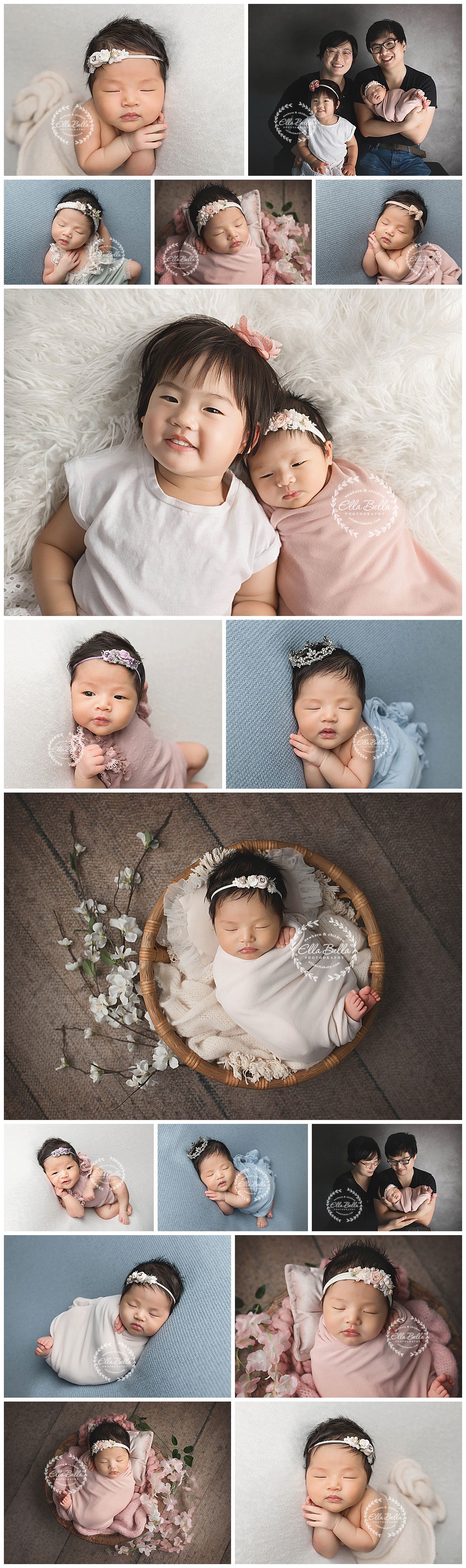 Collection of newborn and family portraits featuring siblings in pink and white tones.
