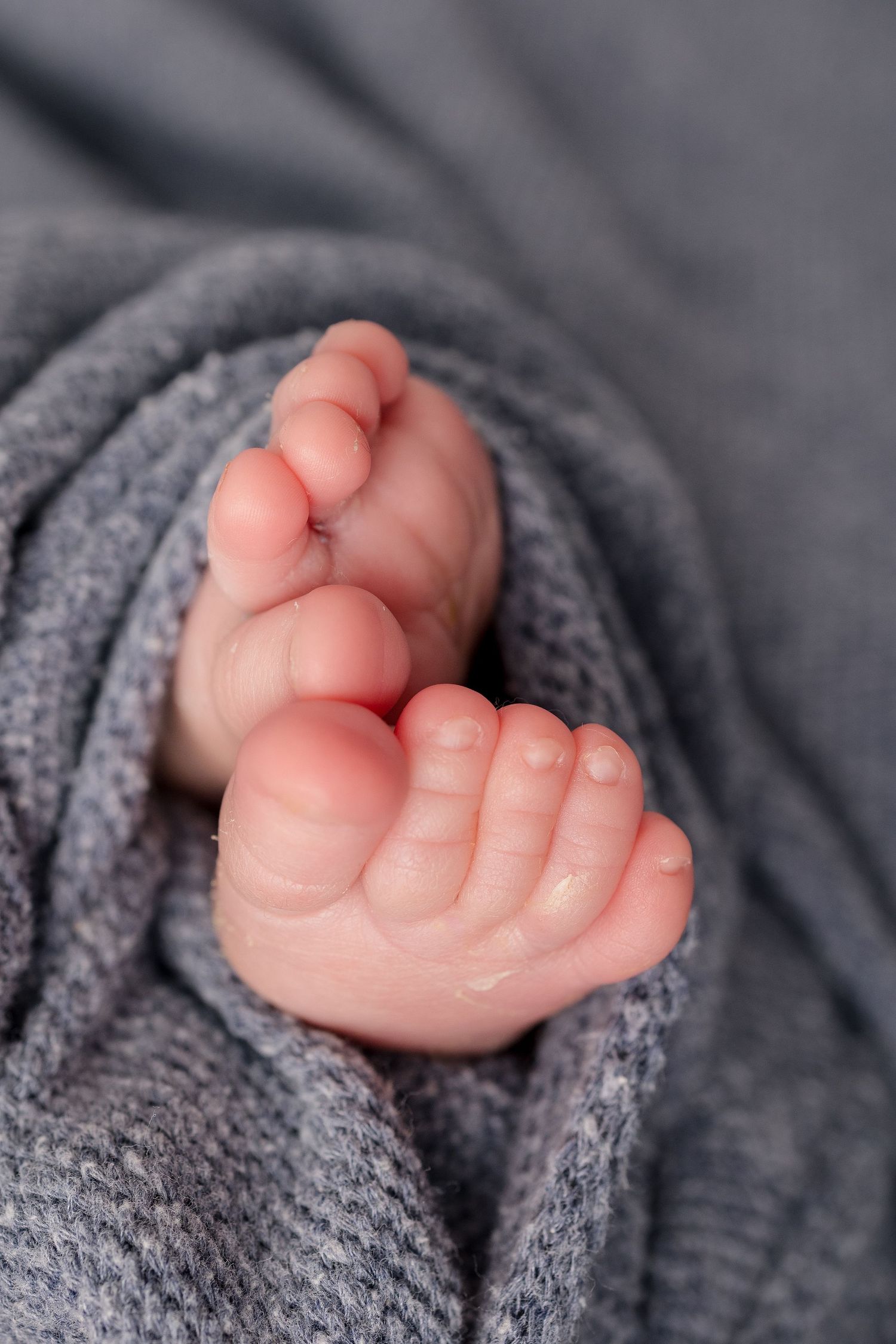 Tiny newborn baby feet wrapped in soft grey knit blanket.