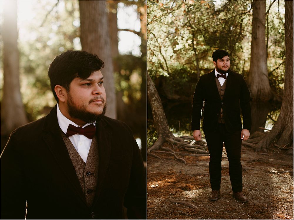 Side-by-side formal portraits showing close-up and full-length views in a forest setting.