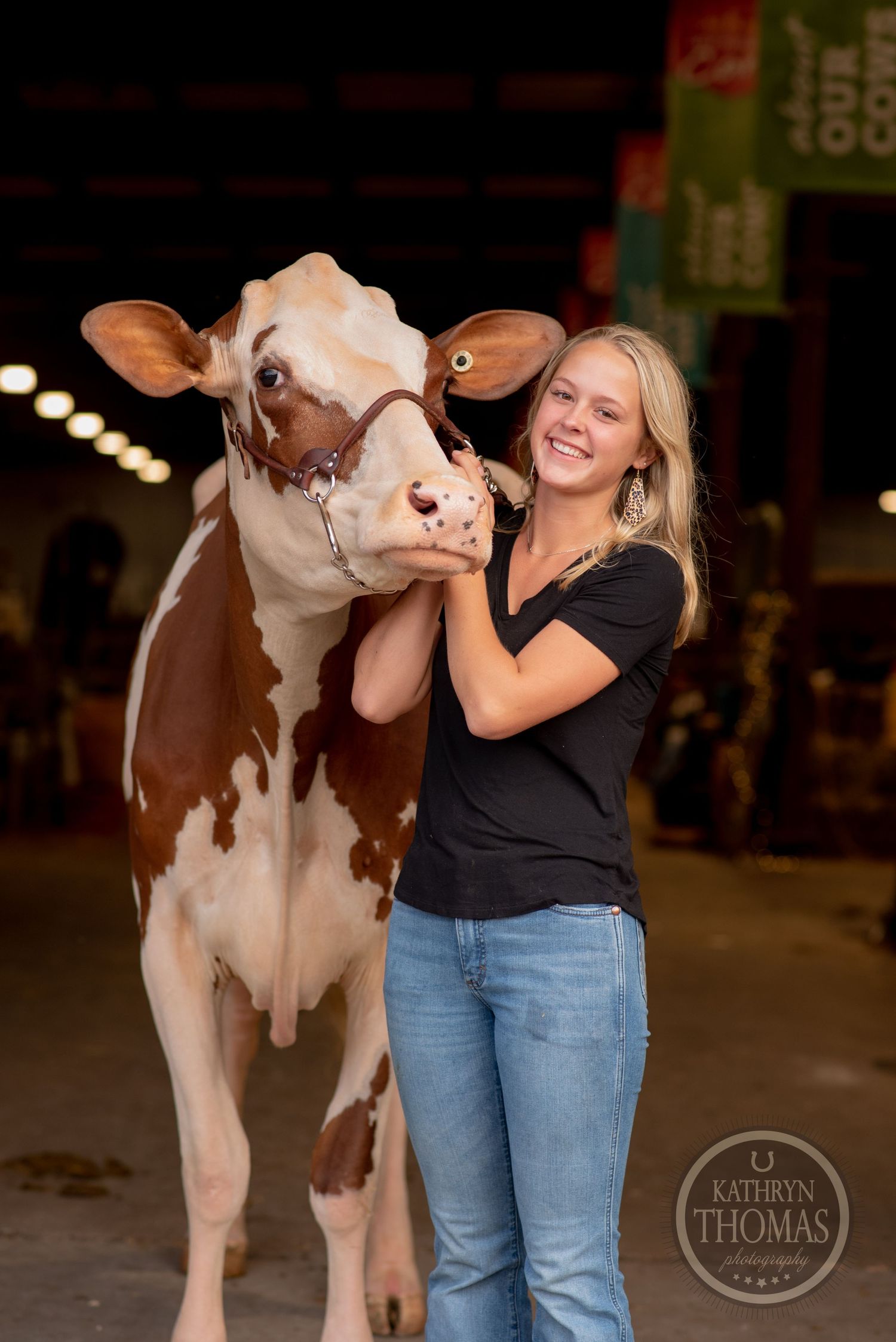 A brown and white dairy cow poses with handler in black shirt and jeans at an indoor event.